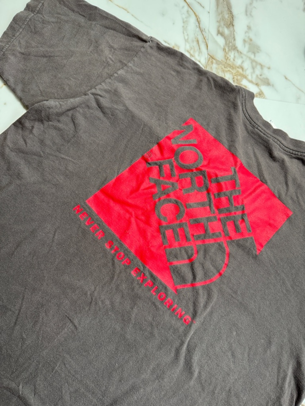 The North Face Logo Brown Red Shirt Sz XL Travel Hike Grunge Spellout Adventure